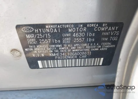 2016 Hyundai Sonata Hybrid Limited z USA, uszkodzony, nr VIN KMHE34L10GA008611